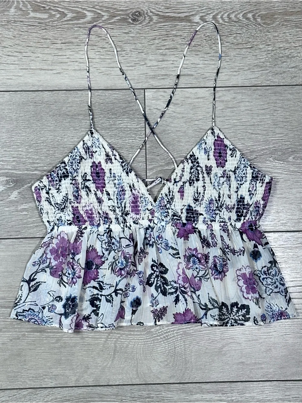 Zara Floral Metallic Smocked Peplum Crop Tank Top